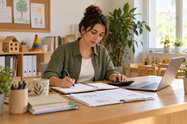 Kreş ofisinde not defteri ve hesap makinesiyle yazılım bütçesini değerlendiren yönetici