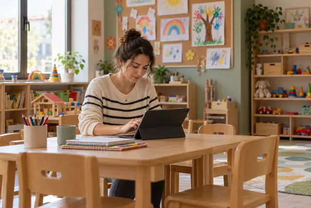 Sakin bir kreş sınıfında tabletine günlük notlarını giren öğretmen