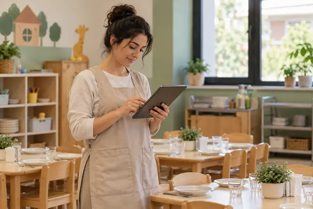 Kreş yemek alanında tablet üzerinden günlük kayıtları kontrol eden öğretmen