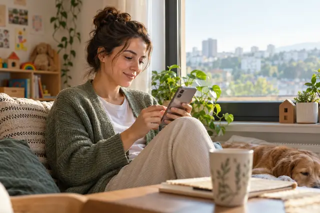 Evinde telefonundan günlük kreş bilgilerini inceleyen bir veli
